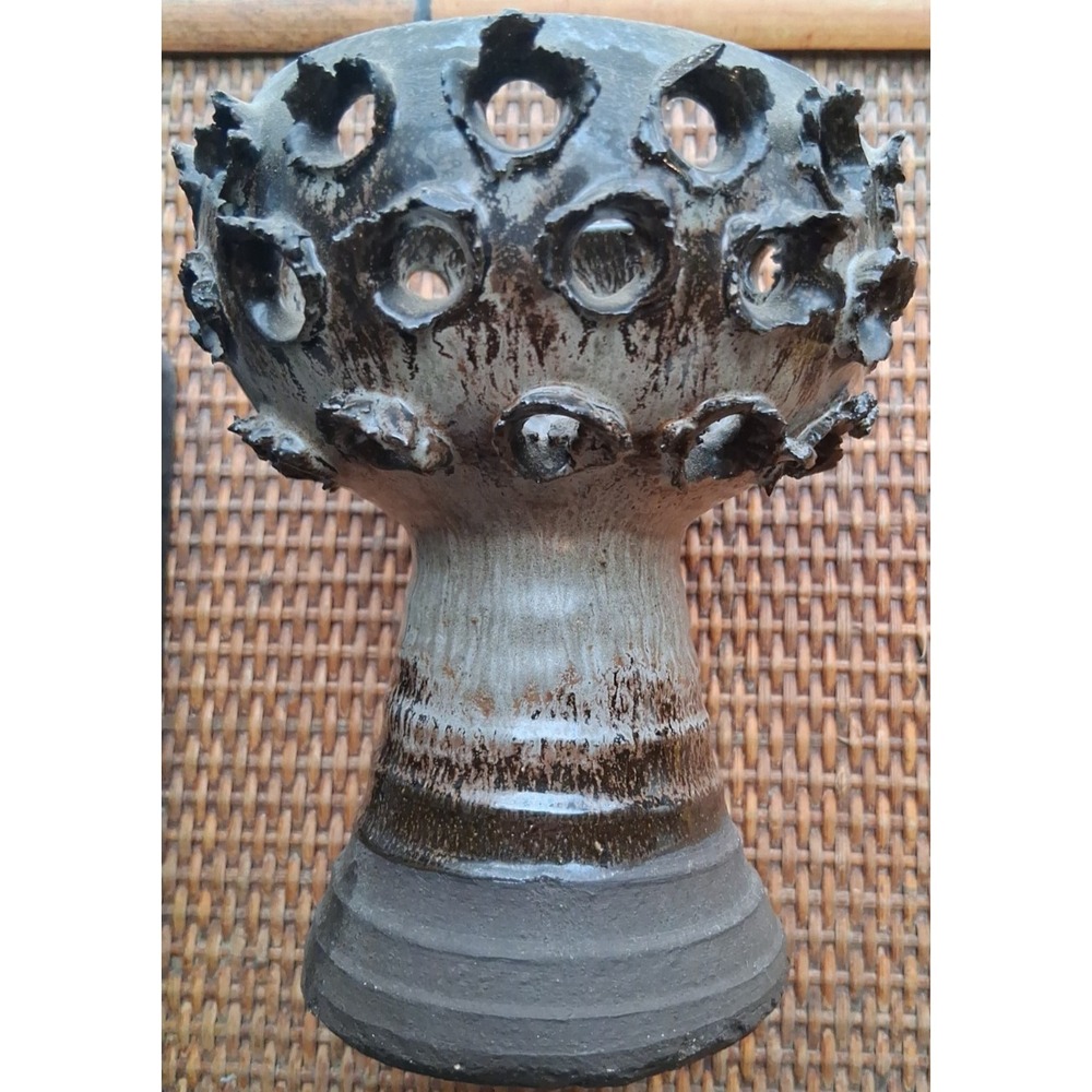 E. Glud Denmark studio pottery vase with textured, perforated rim/ ribbed base.